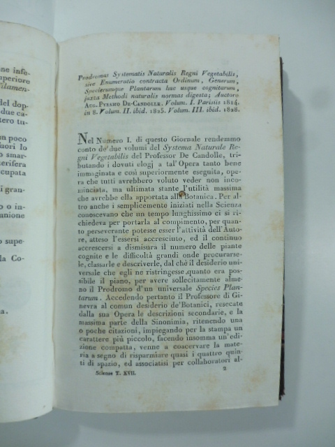 Prodromus systematis naturalis regni vegetabilis...Auctore Aug. Pyramo De Candolle...(Stralcio da: Nuovo giornale de' letterati. N. 40. 1828)